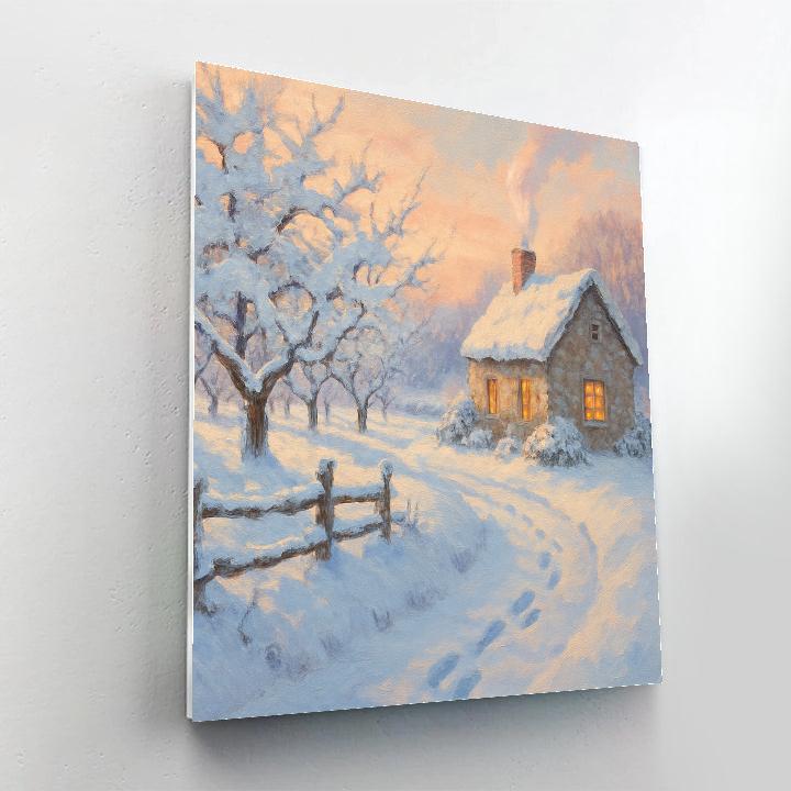 Sunrise Orchard Cottage With Steam And Snow Blossoms paint by numbers