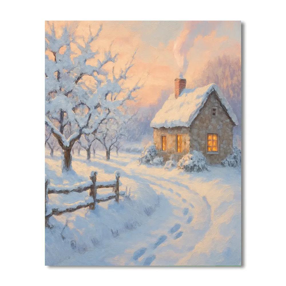Sunrise Orchard Cottage With Steam And Snow Blossoms paint by numbers