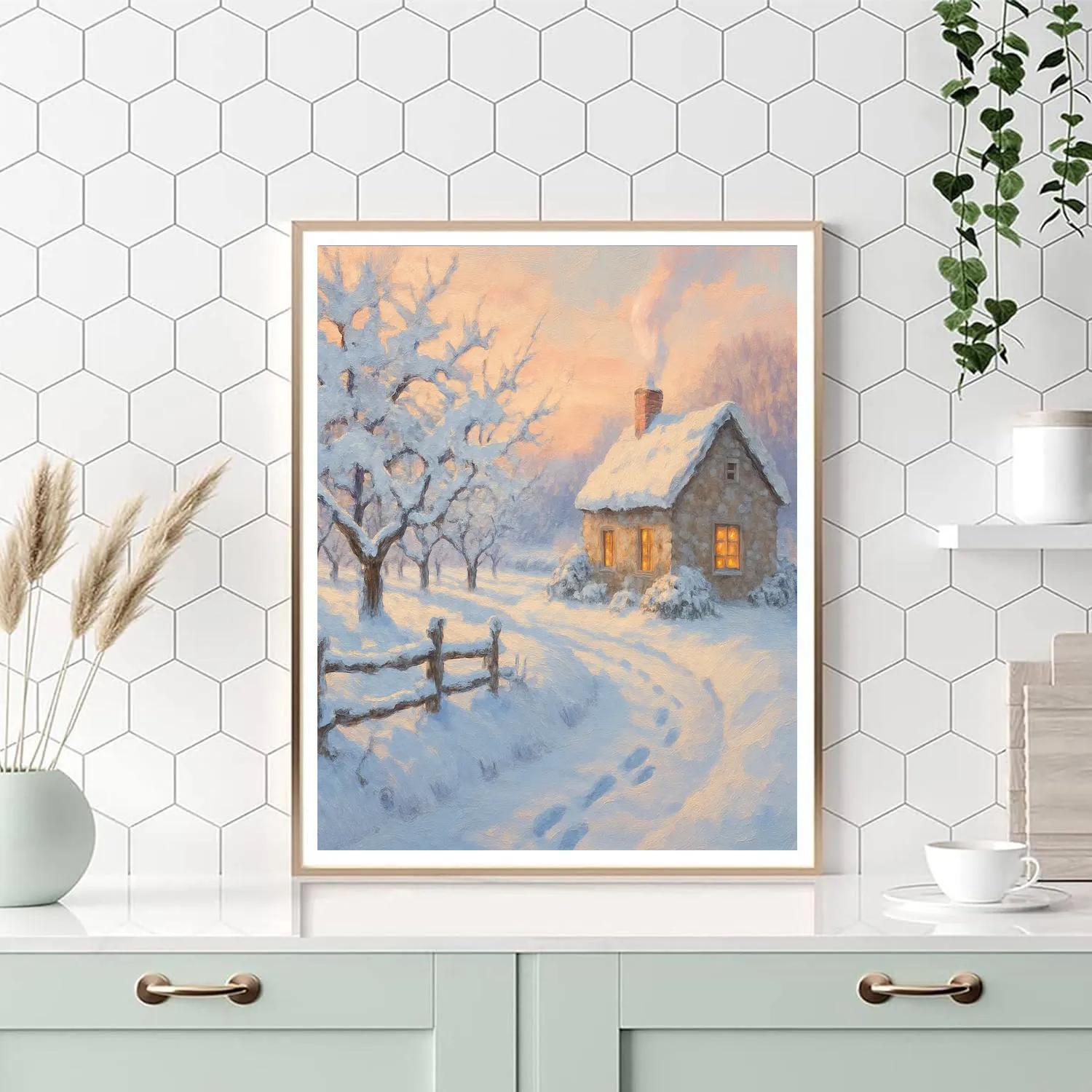 Sunrise Orchard Cottage With Steam And Snow Blossoms paint by numbers
