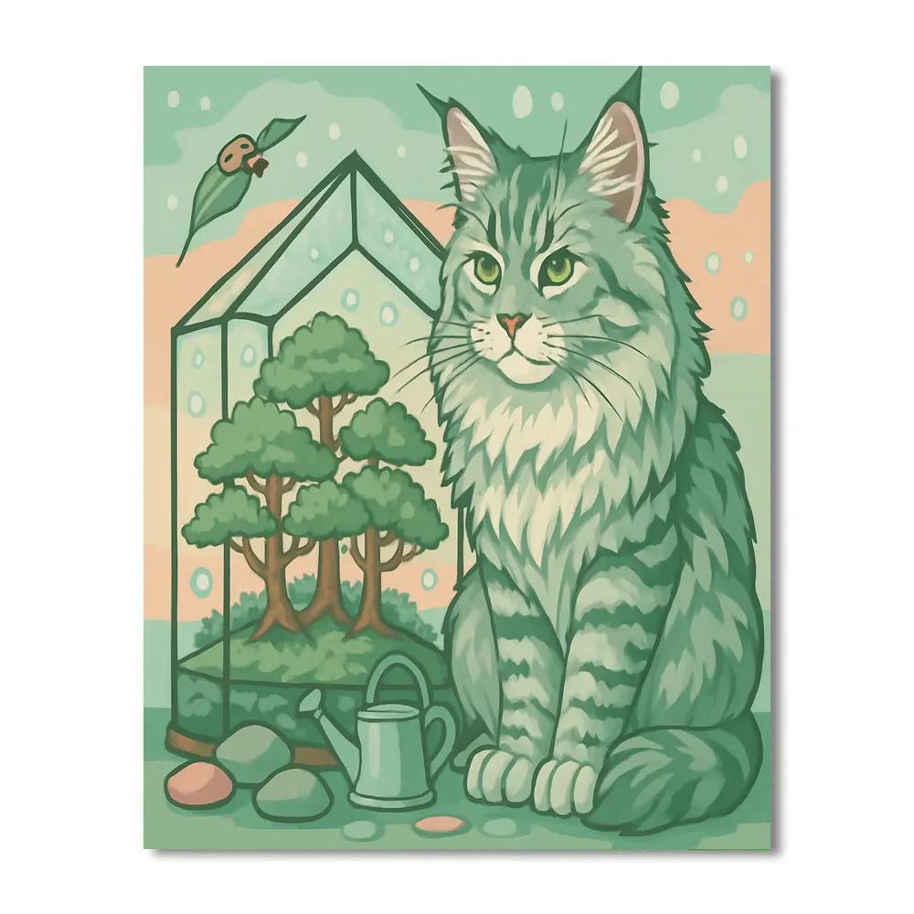 Bonsai Greenhouse With Cat Guardian Numbered painting kits