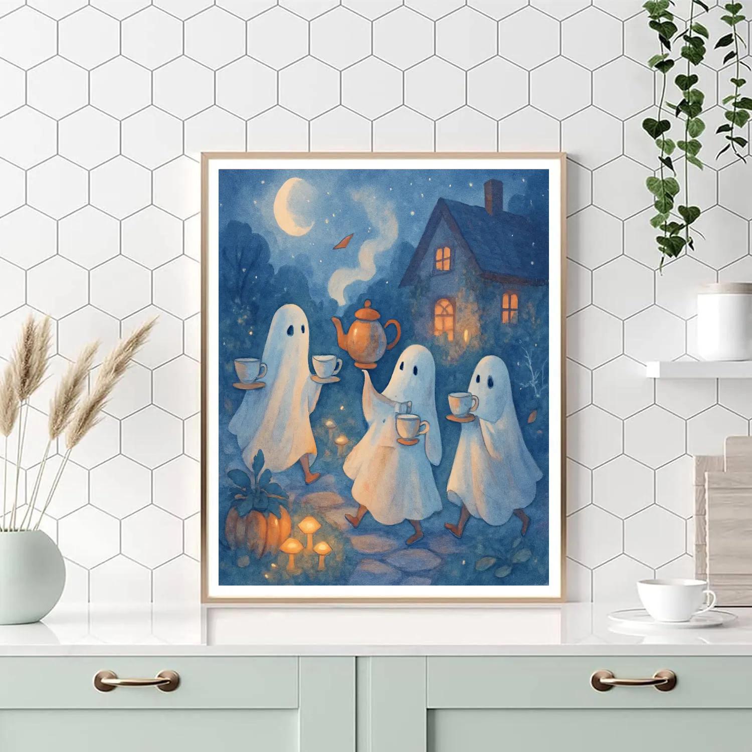 Moonlit Teacup Parade Of Friendly Ghosts painting number kit