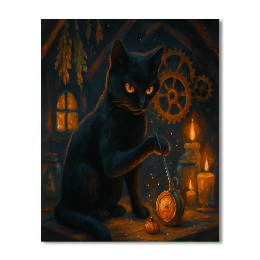 The Black Cat Clockmaker At Witching Hour Painting by numbers kit