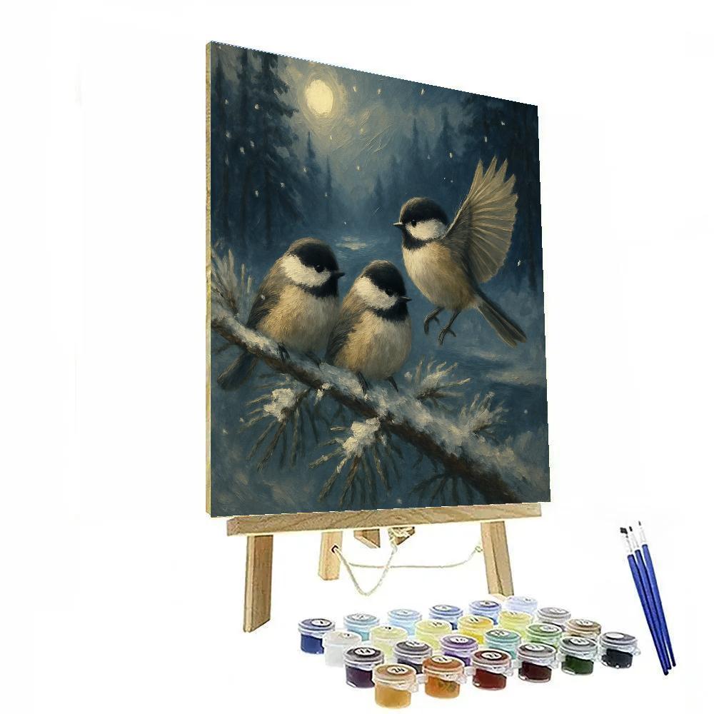 Snow Pine Chickadees Under Quiet Moonlight Painting by numbers kit