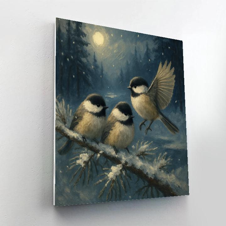 Snow Pine Chickadees Under Quiet Moonlight Painting by numbers kit