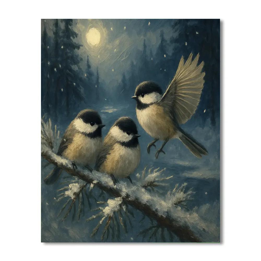 Snow Pine Chickadees Under Quiet Moonlight Painting by numbers kit