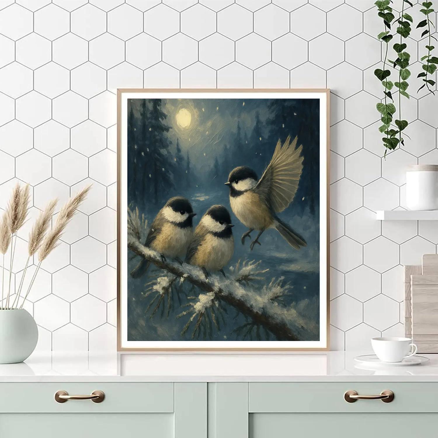 Snow Pine Chickadees Under Quiet Moonlight Painting by numbers kit