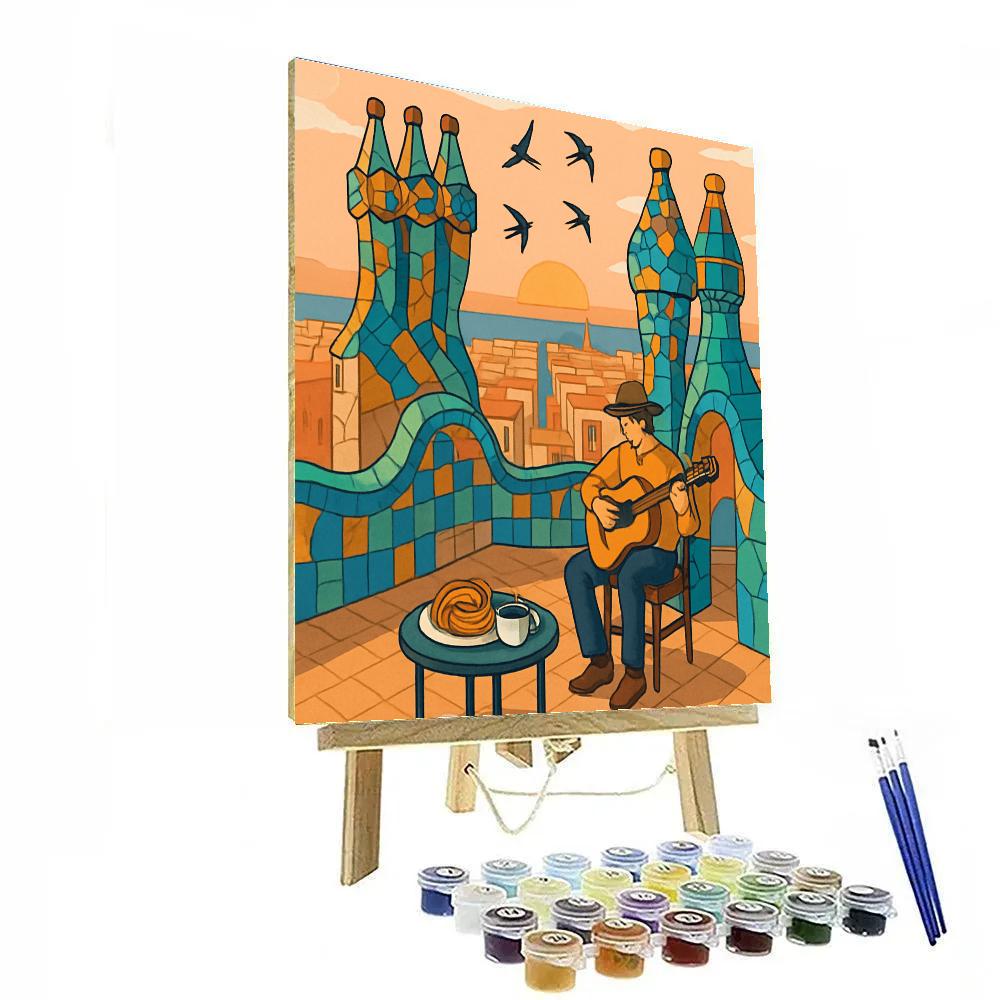 Gaudi Inspired Rooftops In Spain At Sunrise paint by color