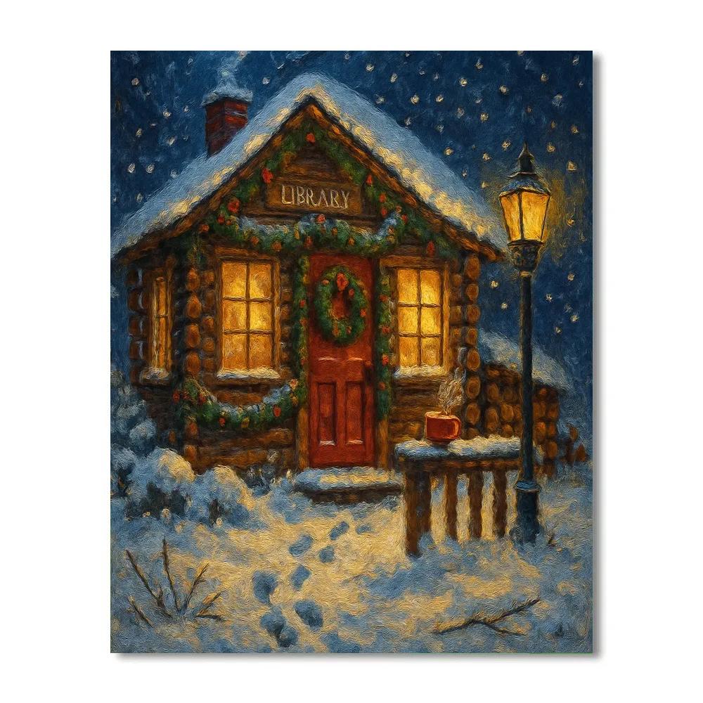 Midnight Library Cabin With Frosted Window Glow Paint by numbers art