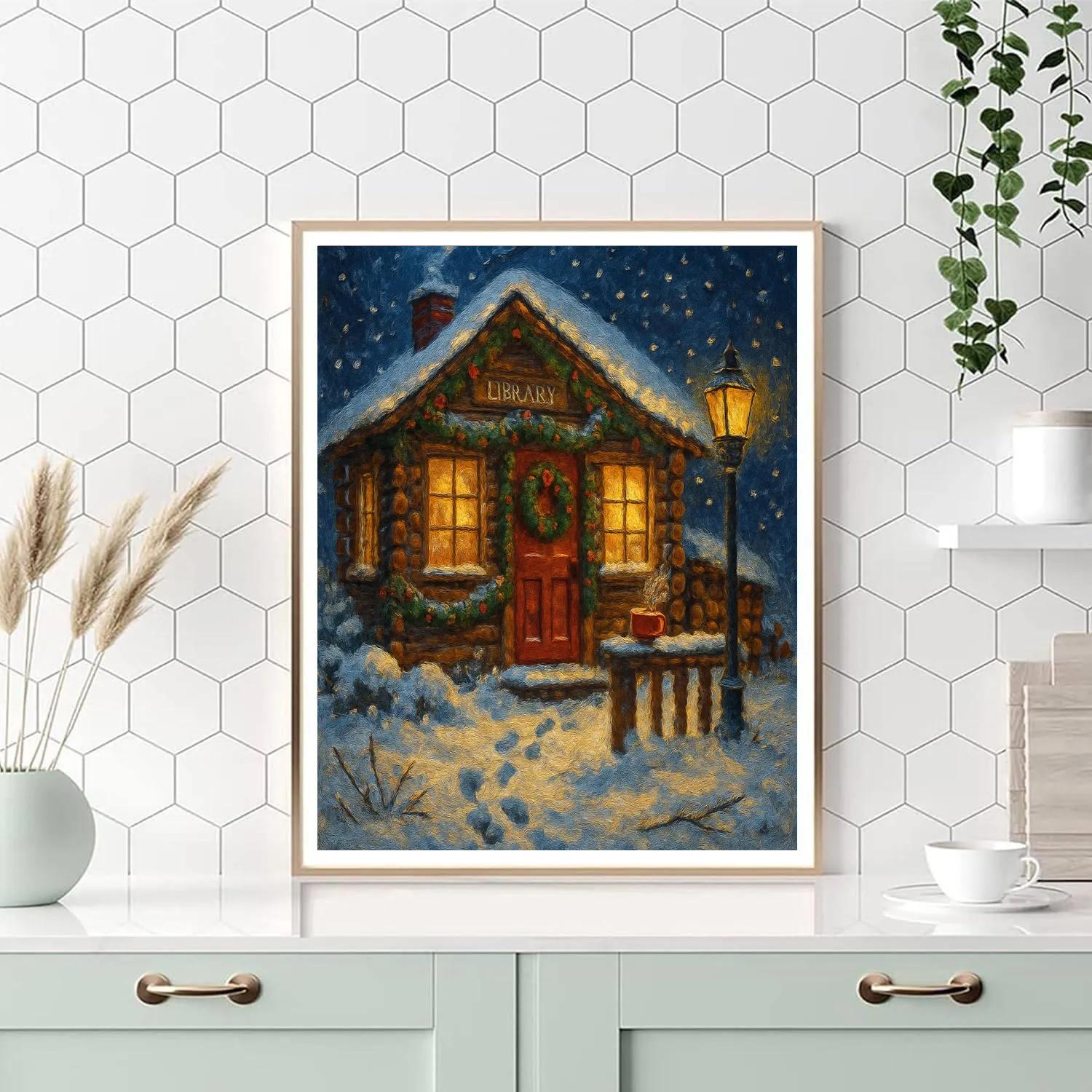 Midnight Library Cabin With Frosted Window Glow Paint by numbers art