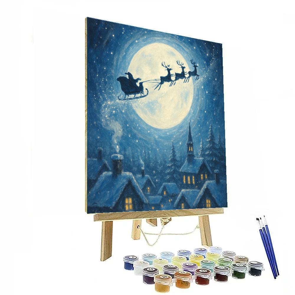 Santa Sleigh Silhouette Over Radiant Moon Halo Number painting