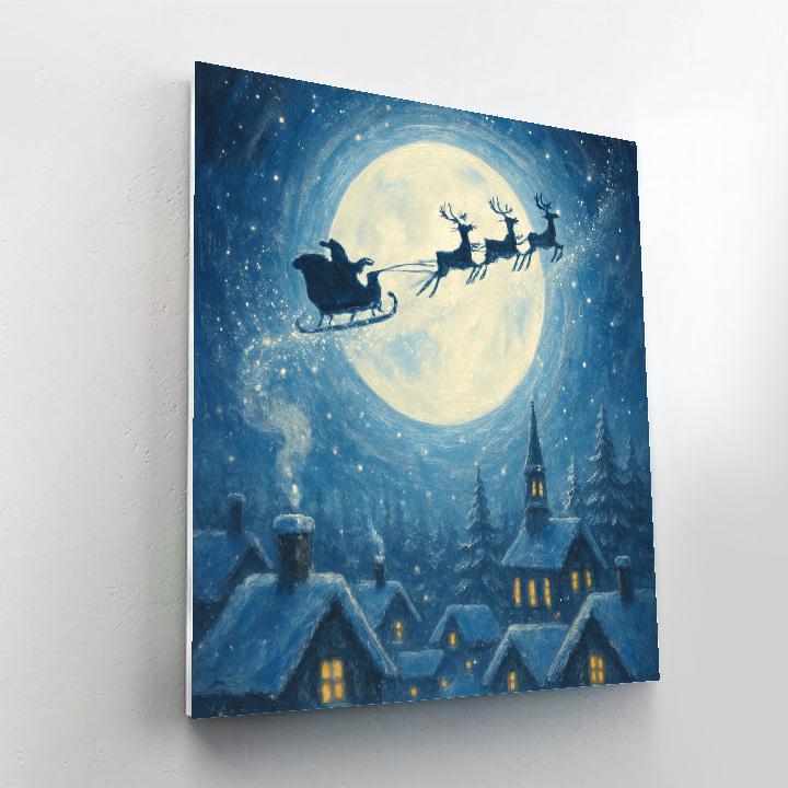 Santa Sleigh Silhouette Over Radiant Moon Halo Number painting