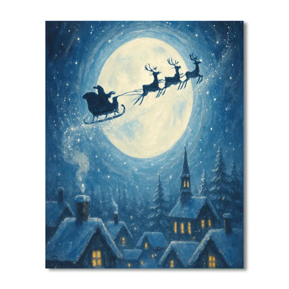Santa Sleigh Silhouette Over Radiant Moon Halo Number painting