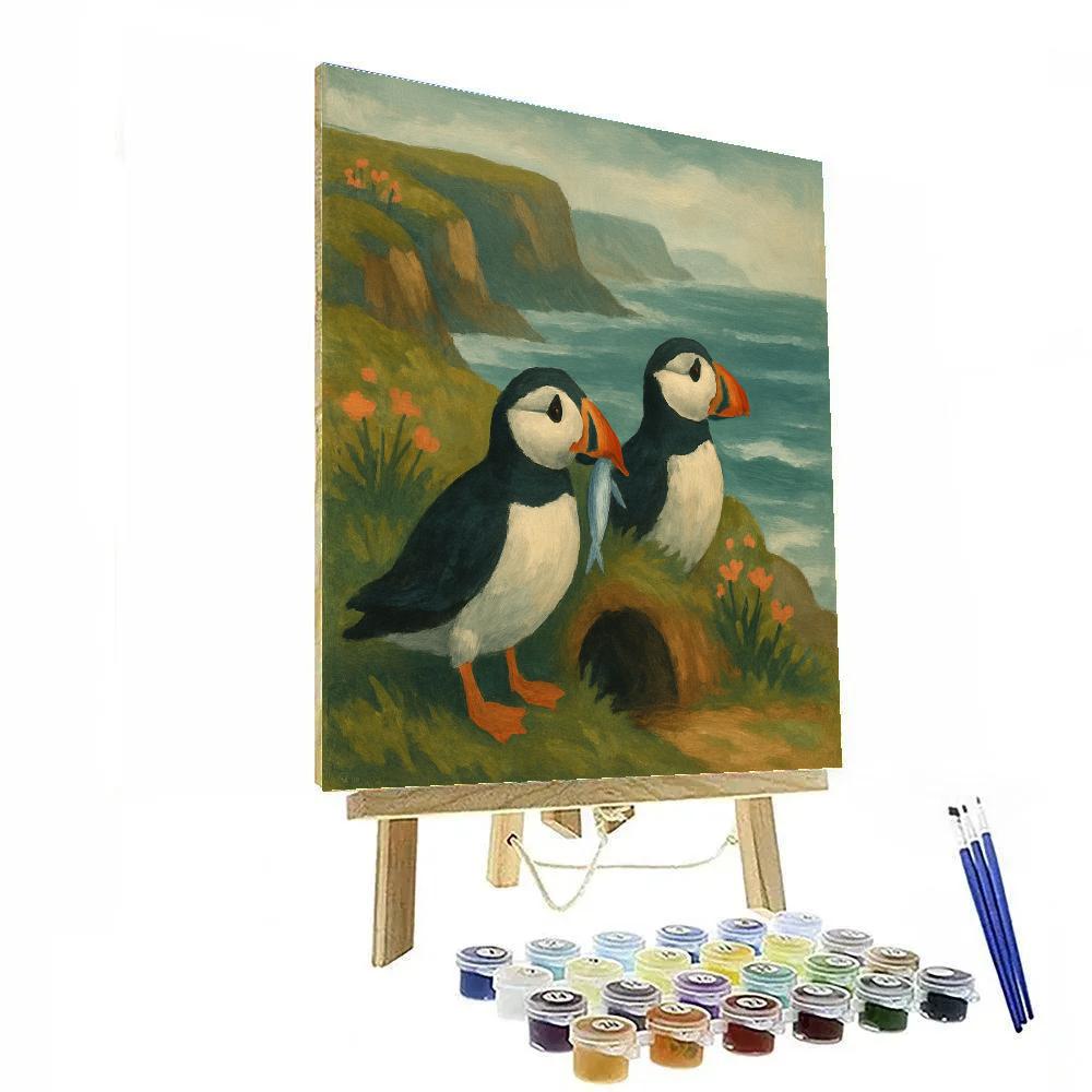 Seaside Puffins Above Wildflower Cliffs paint by number
