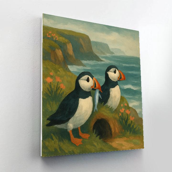 Seaside Puffins Above Wildflower Cliffs paint by number