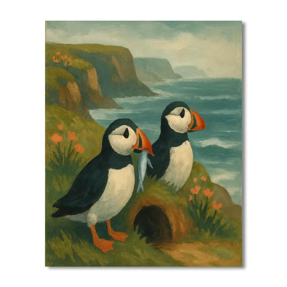 Seaside Puffins Above Wildflower Cliffs paint by number