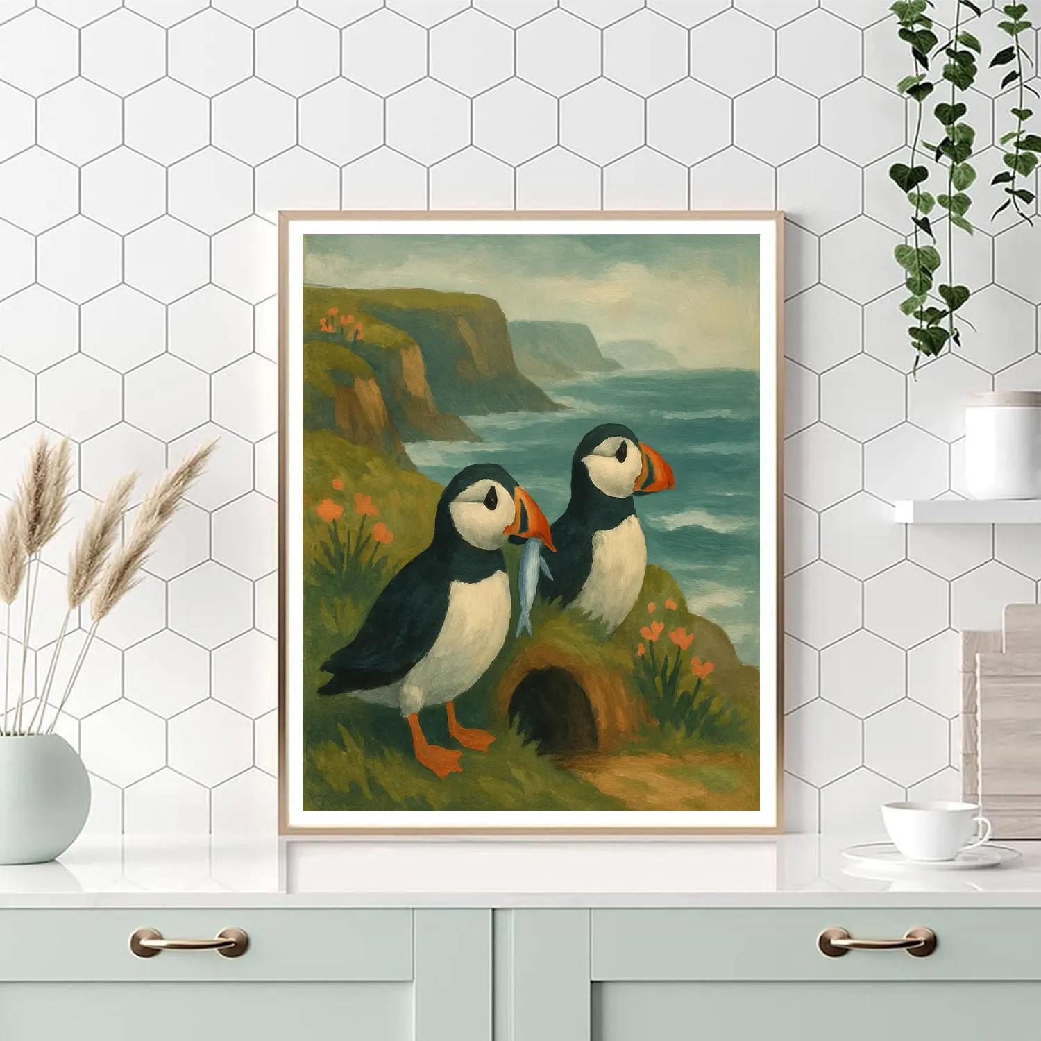 Seaside Puffins Above Wildflower Cliffs paint by number