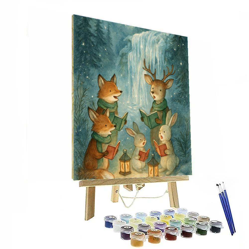 Woodland Carolers Beside Frozen Waterfall Lights Painting by numbers kit