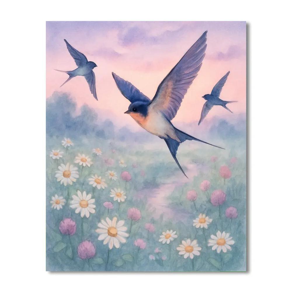 Twilight Swallows Over The Flowering Meadow DIY paint by numbers