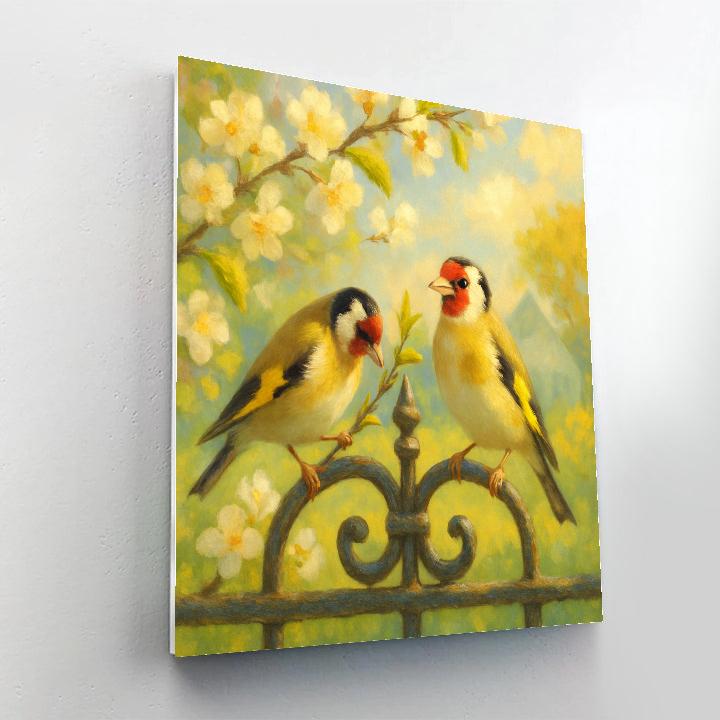 Garden Gate Finches In Early Spring Bloom paint by color