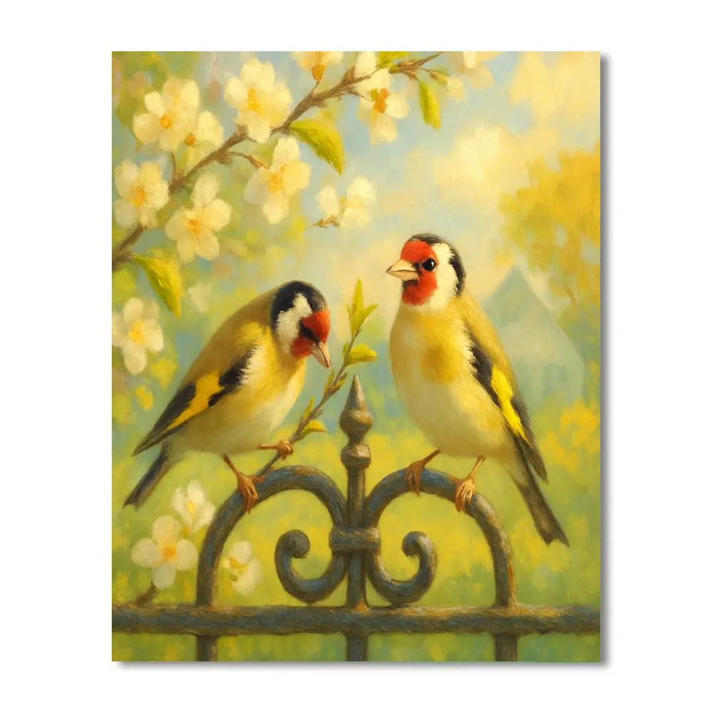 Garden Gate Finches In Early Spring Bloom paint by color