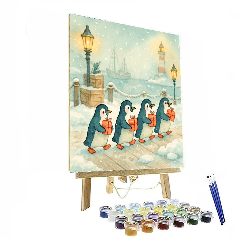 Penguin Post Parade In Snowy Harbor Paint by numbers art