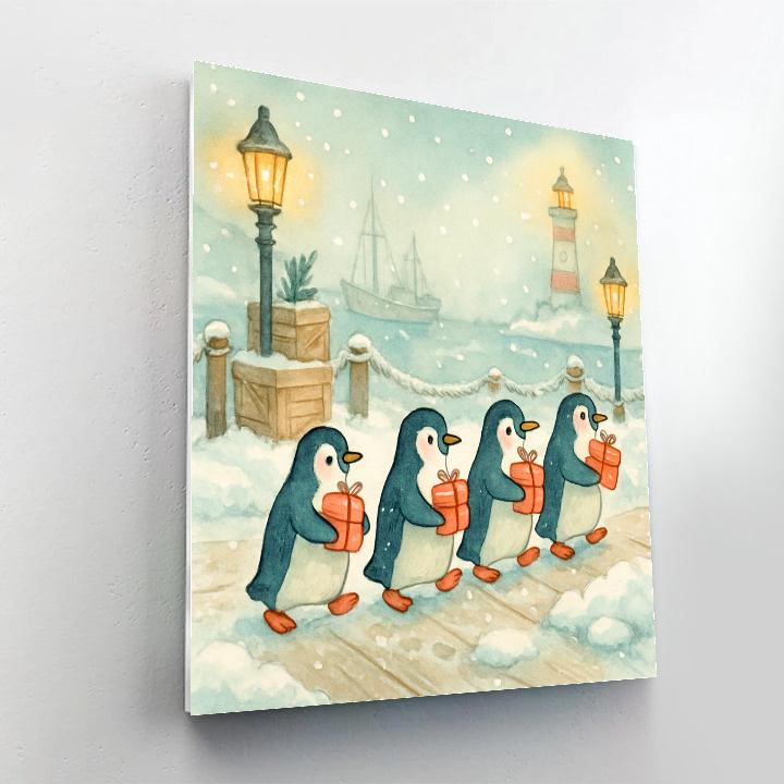 Penguin Post Parade In Snowy Harbor Paint by numbers art