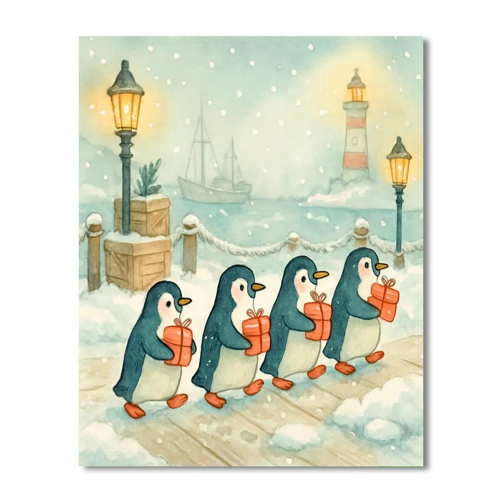 Penguin Post Parade In Snowy Harbor Paint by numbers art