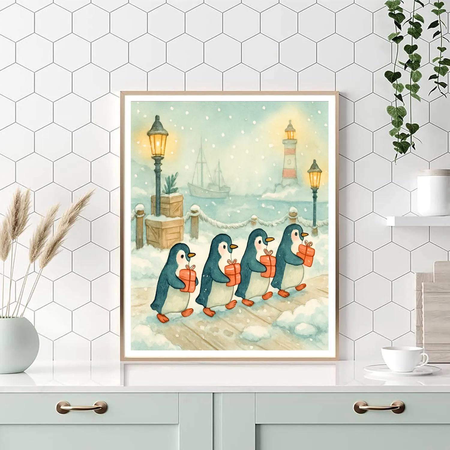 Penguin Post Parade In Snowy Harbor Paint by numbers art