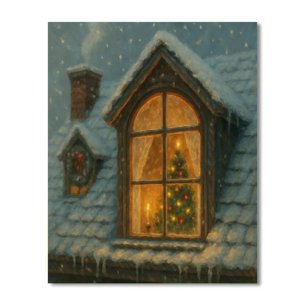 Cozy Attic Window Watching First Snow painting number kit