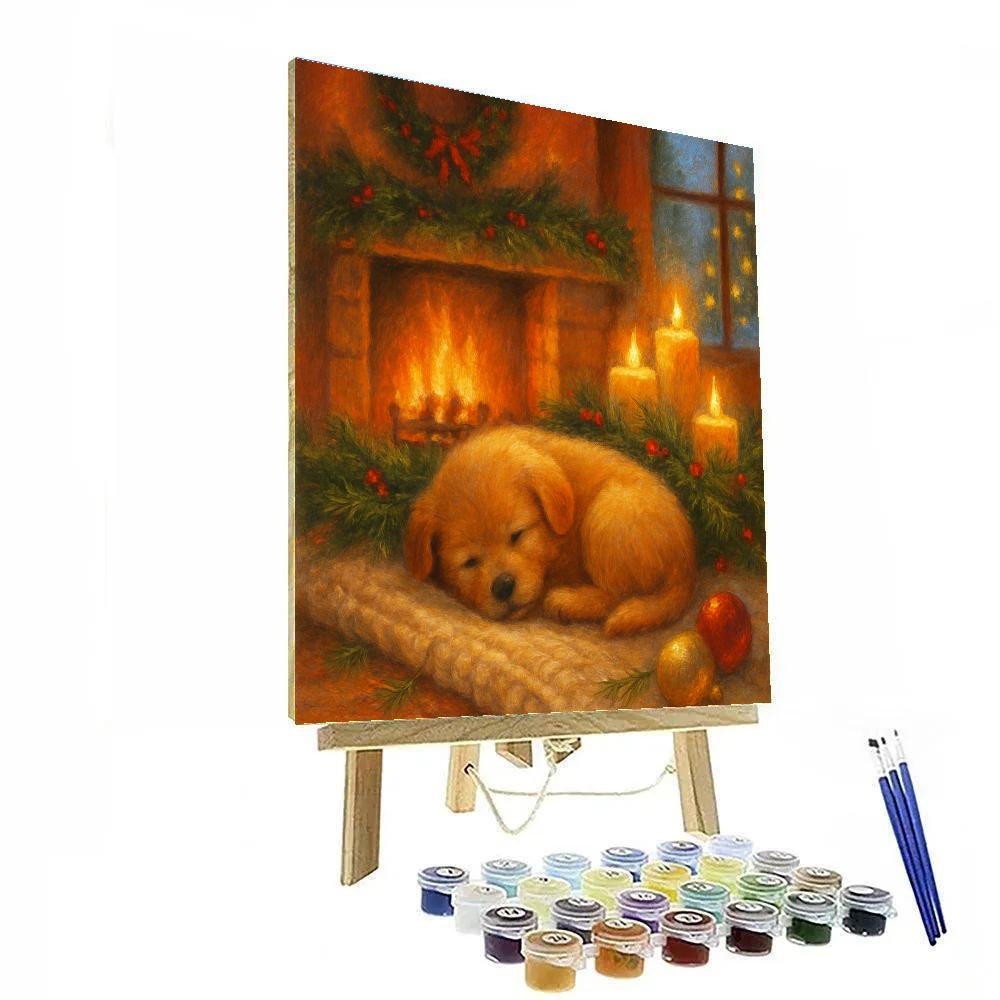 Hearthside Puppy Sleeping By Stocking Garland paint by number