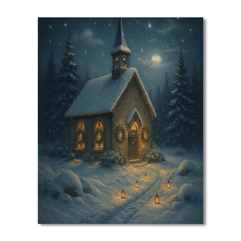Moonlit Chapel With Snowy Bell Path Paint by numbers kits
