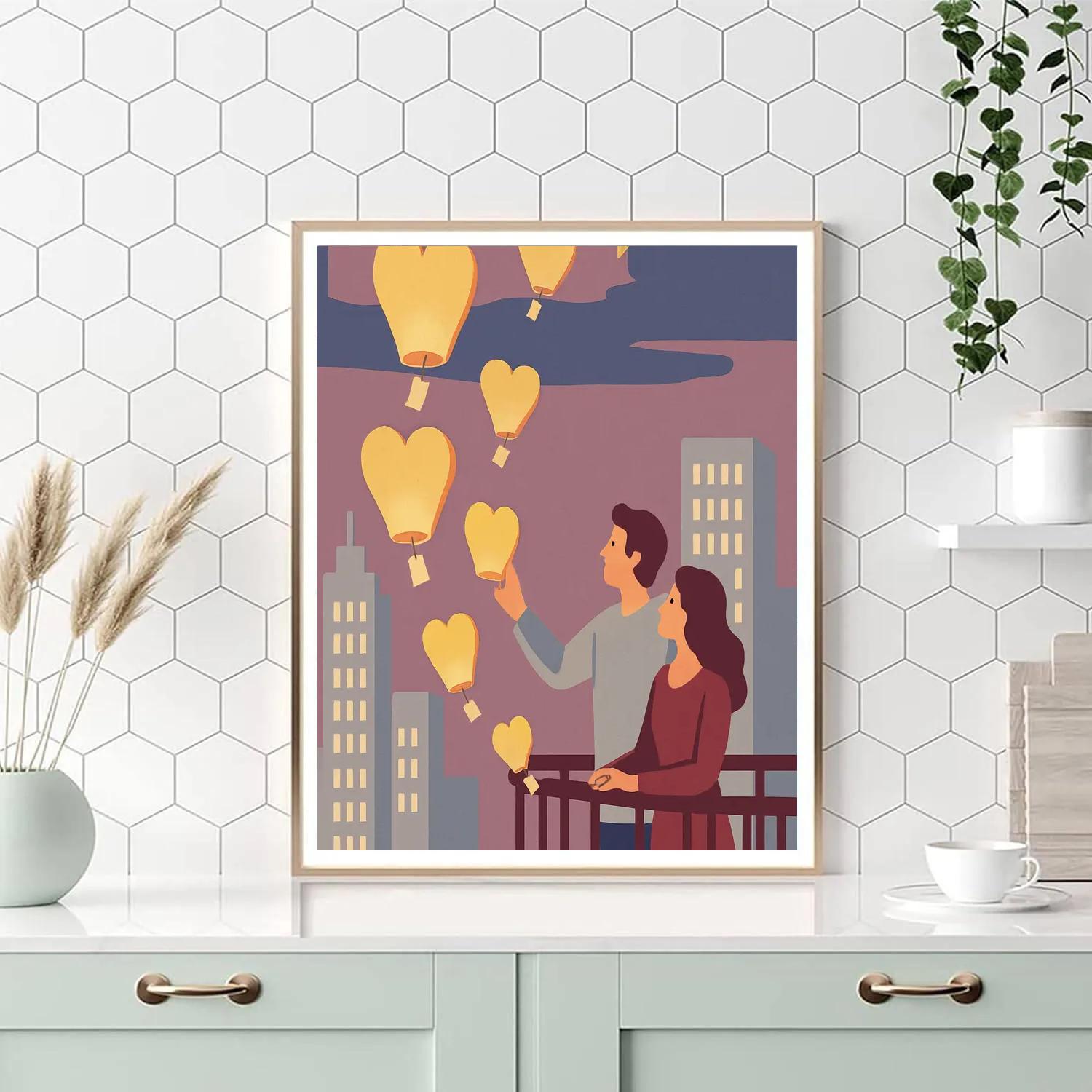 City Balcony Valentines Day Lantern Release painting number kit