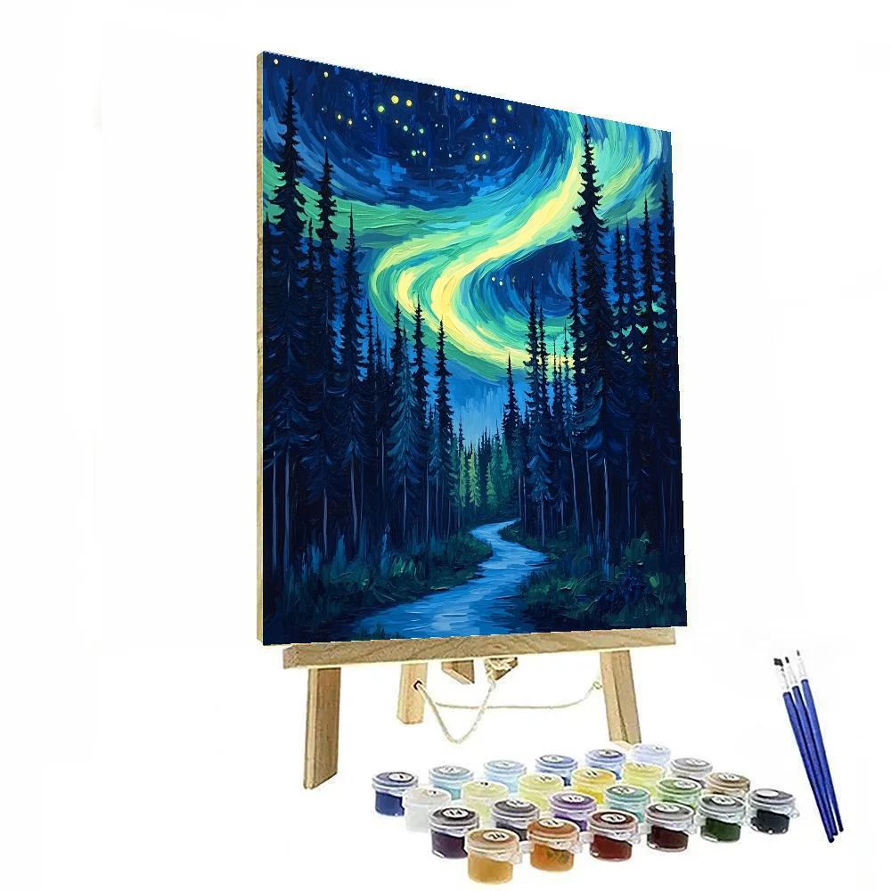 Van Gogh Inspired Aurora Over Pine Forest paint by number