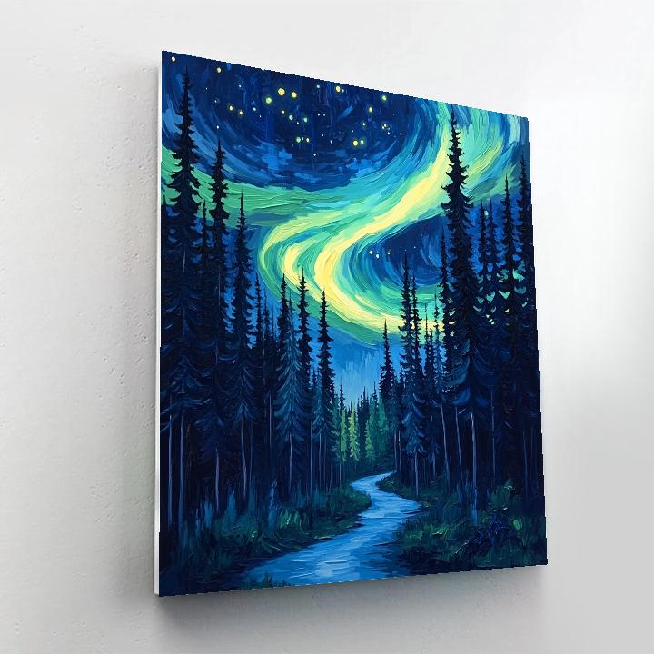 Van Gogh Inspired Aurora Over Pine Forest paint by number