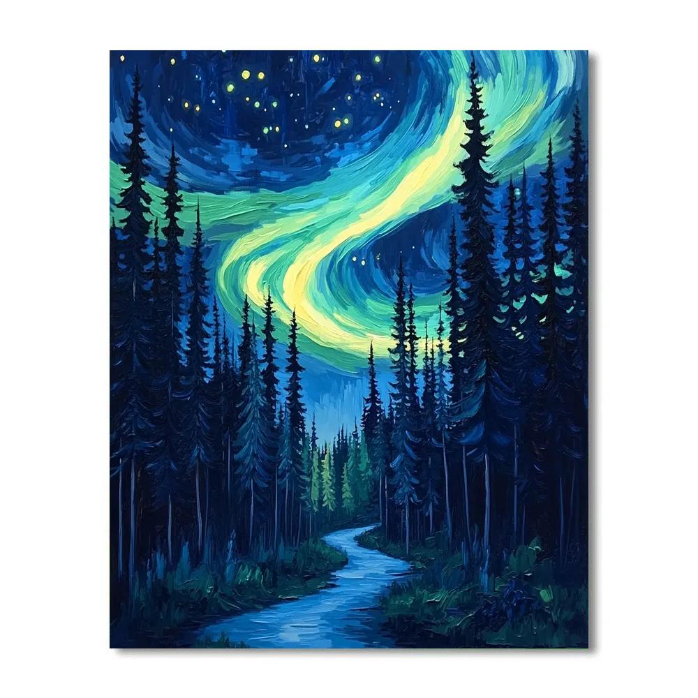 Van Gogh Inspired Aurora Over Pine Forest paint by number