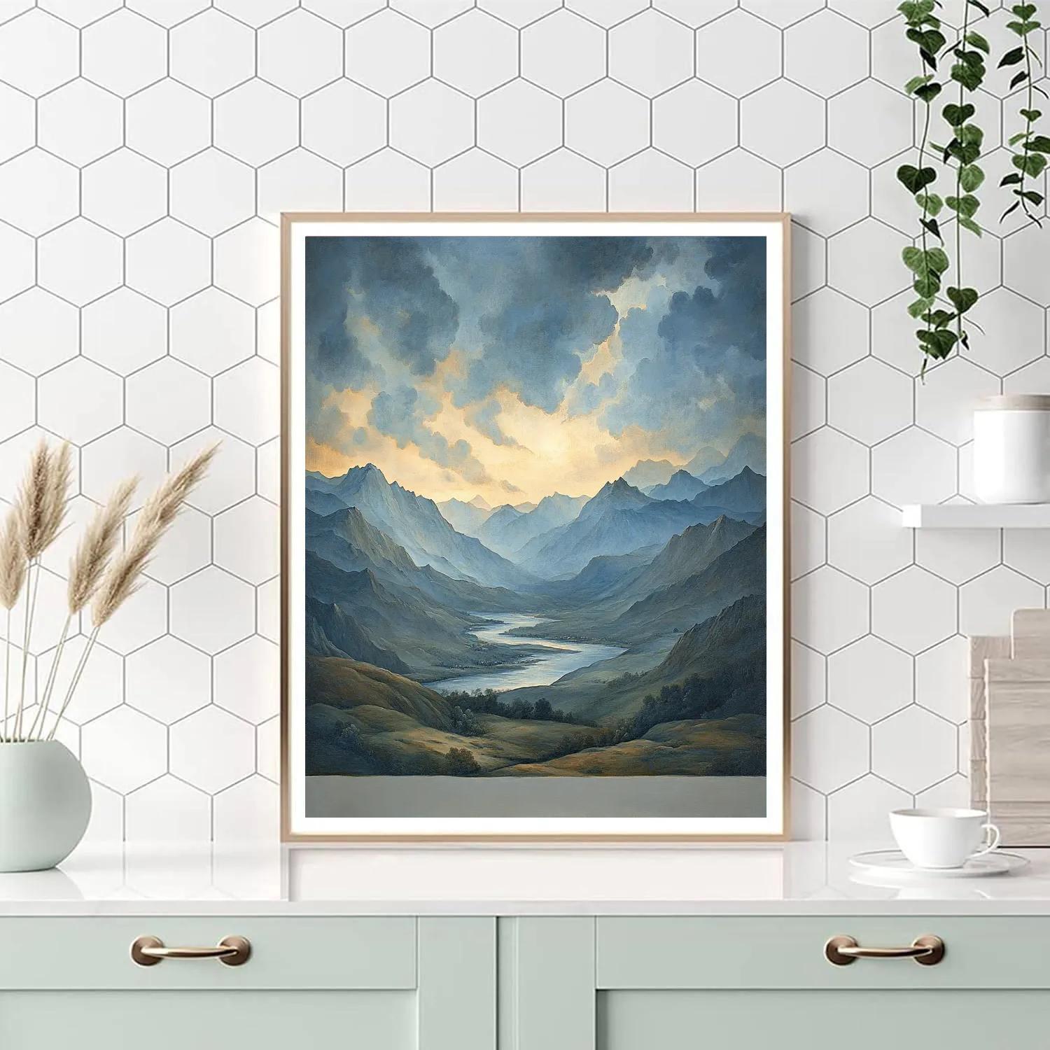 Leonardo Da Vinci Inspired Mountain Storm With Luminous Citylights Haze paint by color