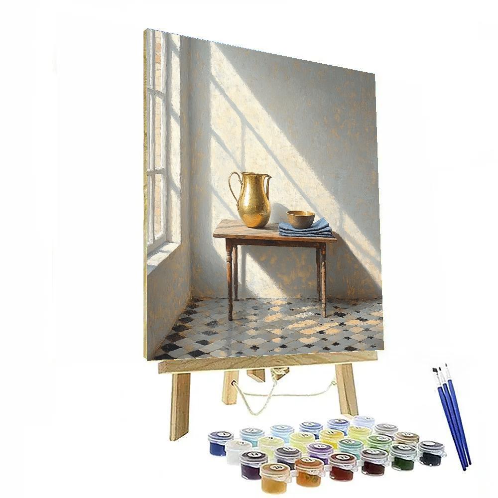 Johannes Vermeer Inspired Sunbeam Over Delft Tiles And Brass Pitcher paint by number