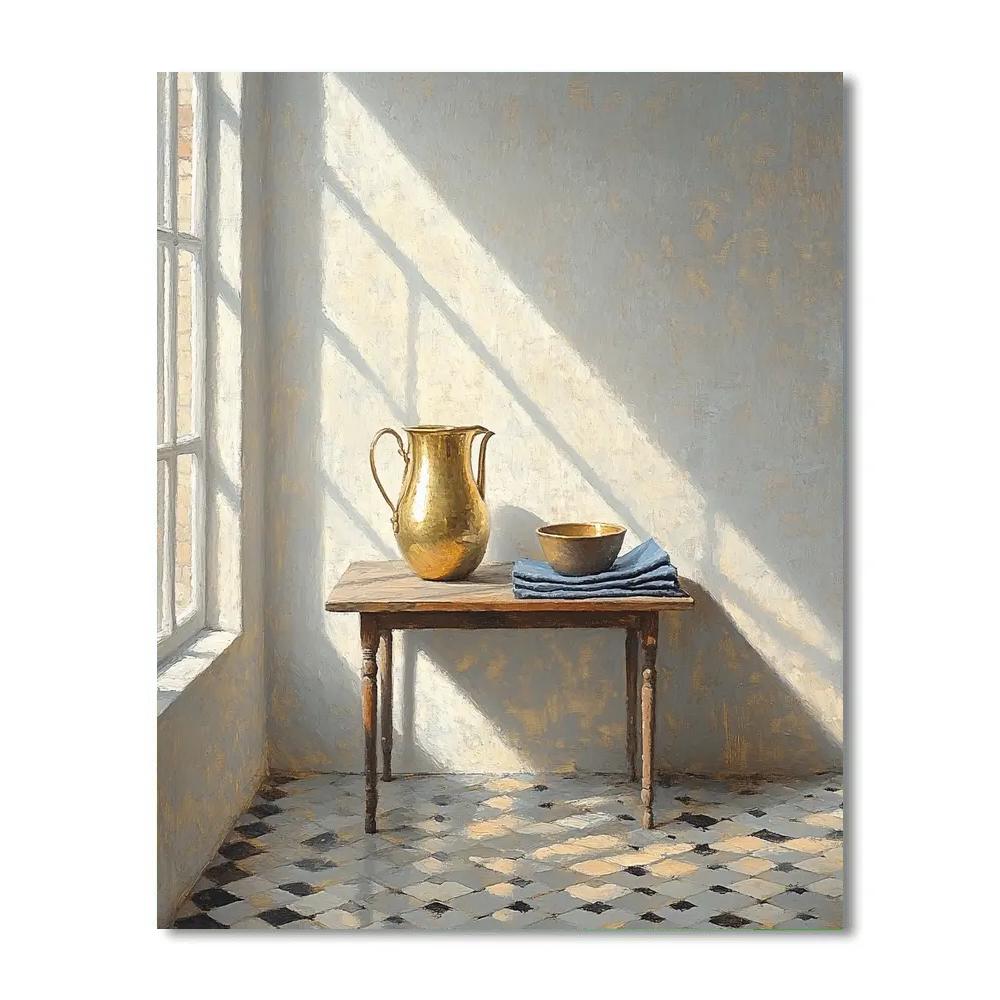 Johannes Vermeer Inspired Sunbeam Over Delft Tiles And Brass Pitcher paint by number