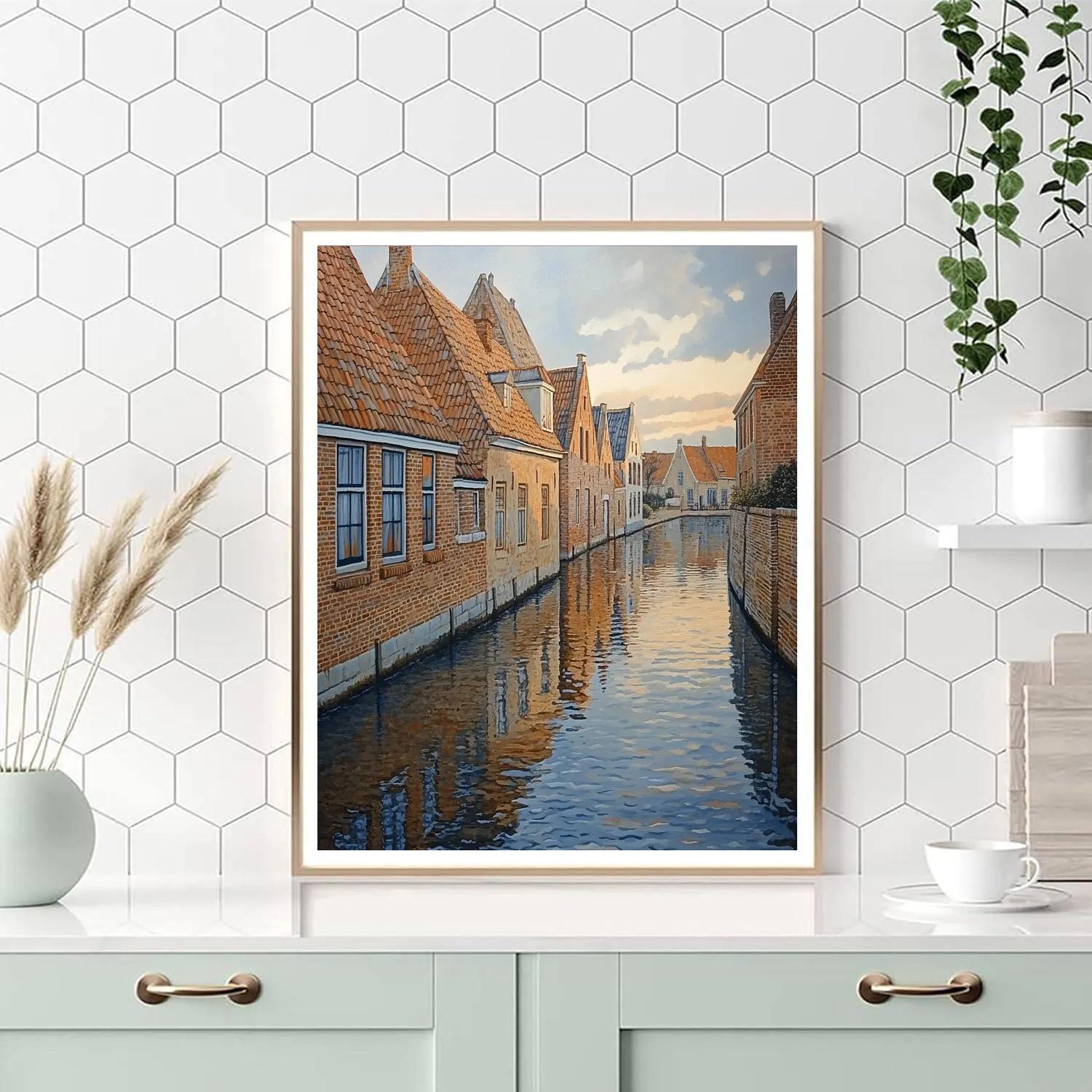 Johannes Vermeer Inspired Delft Canal Reflection Beneath Gabled Roofs paint by numbers