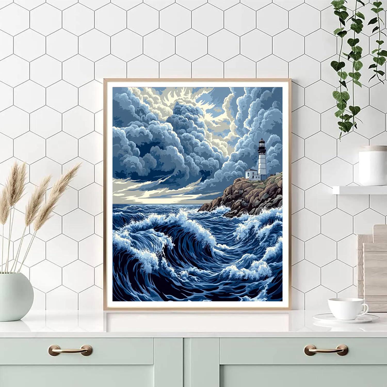 Katsushika Hokusai Inspired Storm Waves And Lighthouse DIY paint by numbers
