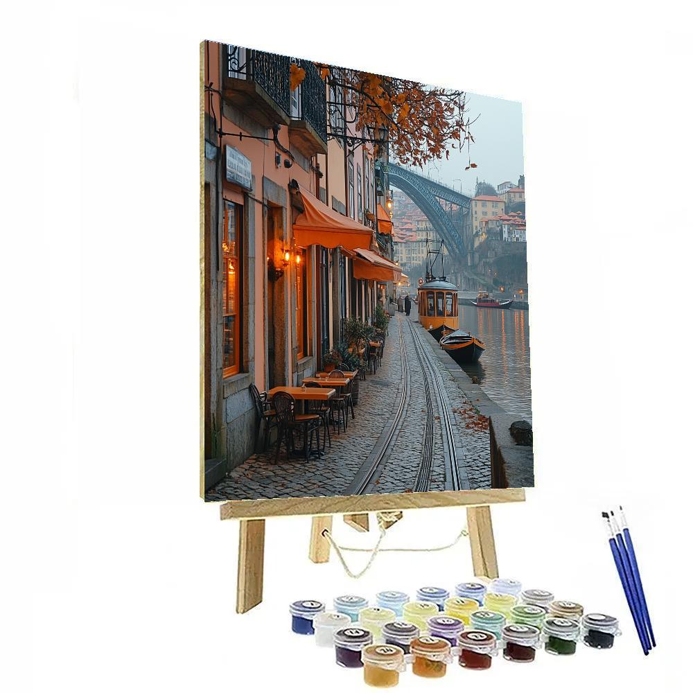 Blue Trams And Riverfront Calm At The Porto Ribeira Porto Portugal paint by color