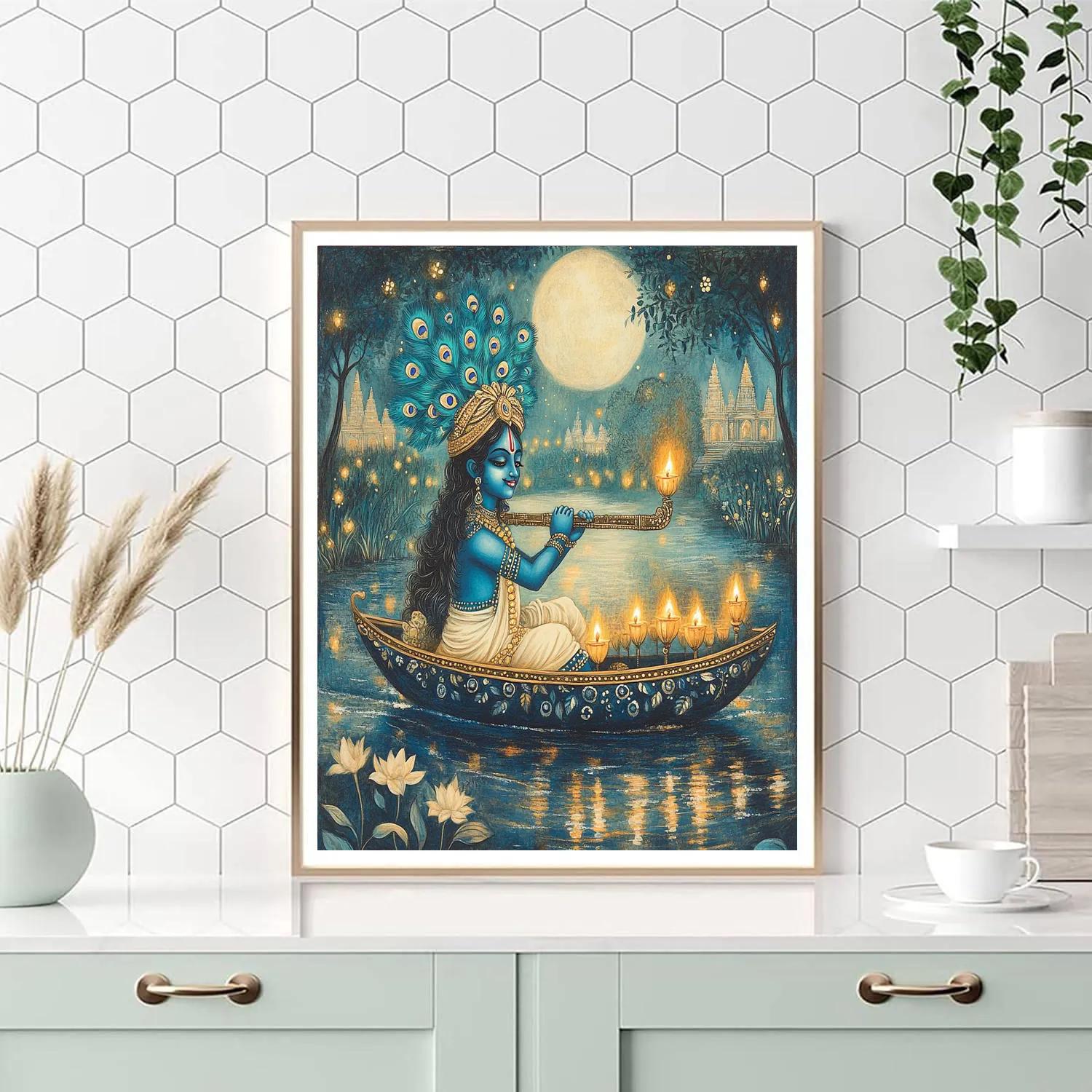 Krishna Guiding The Moonlit Boat Of Lamps Paint by numbers kits
