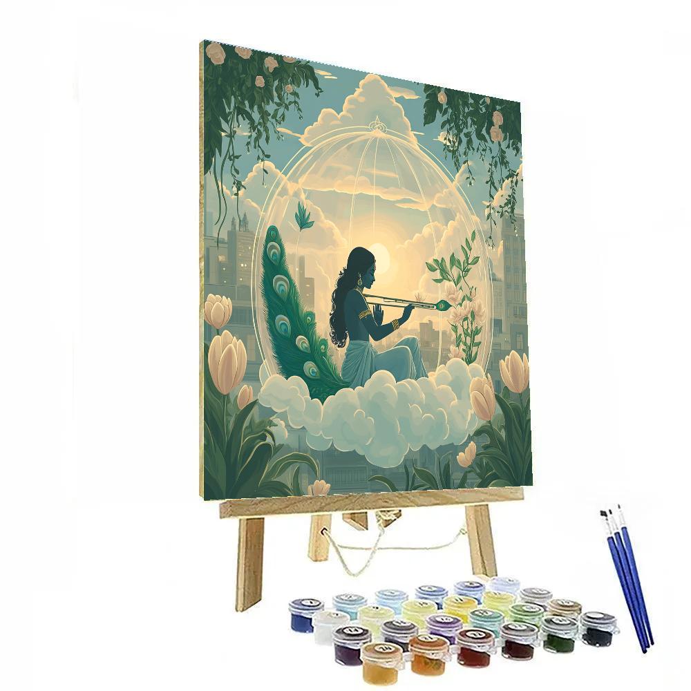 Krishna Playing Flute In A Floating Garden Dome paint by numbers