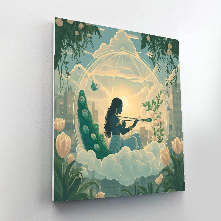 Krishna Playing Flute In A Floating Garden Dome paint by numbers