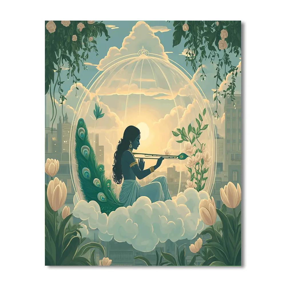 Krishna Playing Flute In A Floating Garden Dome paint by numbers