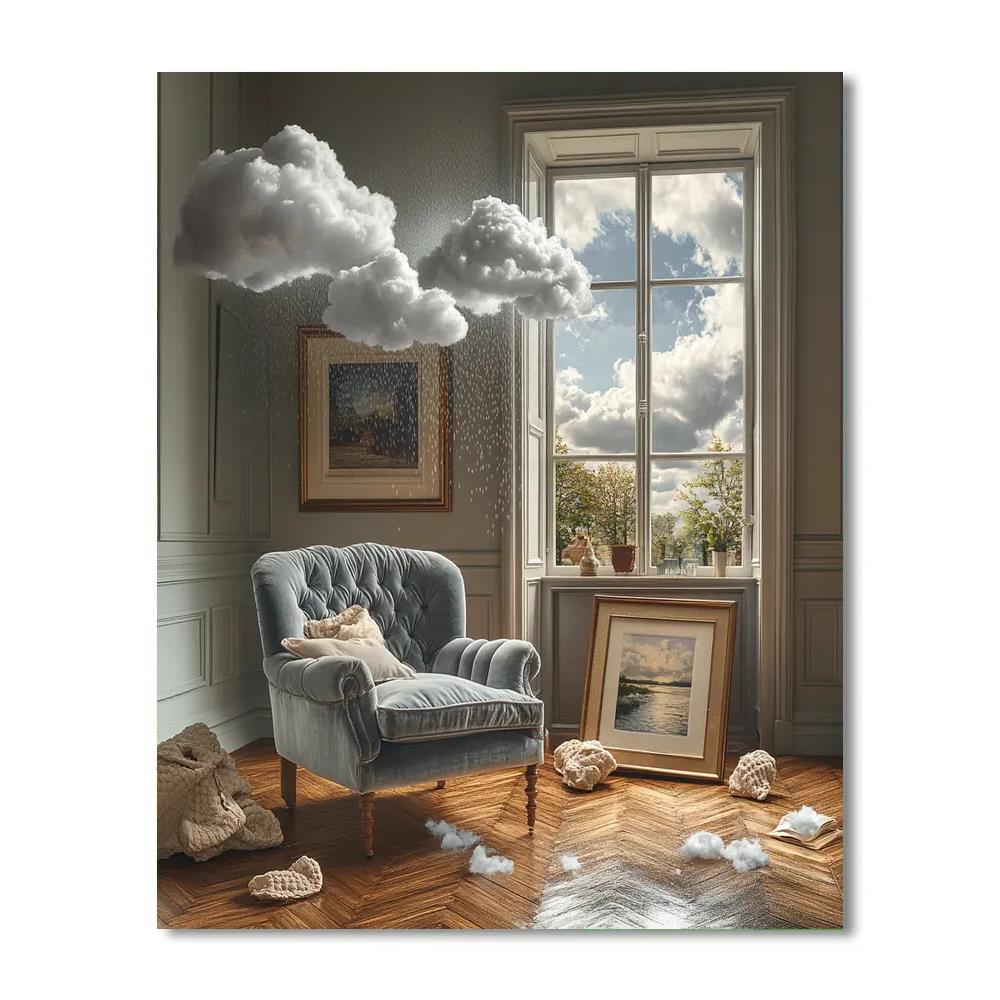 René Magritte Inspired Rainclouds In A Living Room DIY paint by numbers