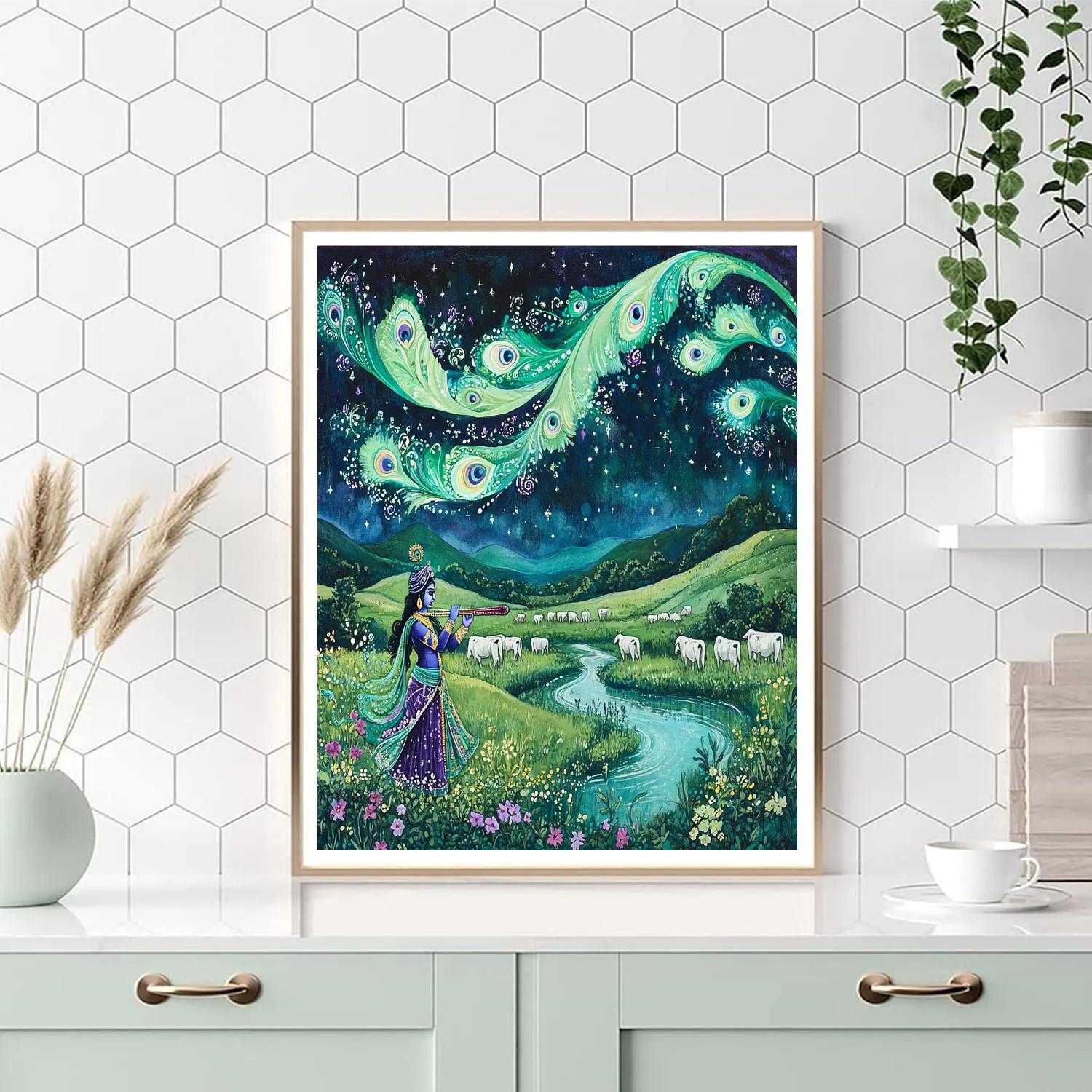 Krishna In The Aurora Flute Meadow paint by numbers