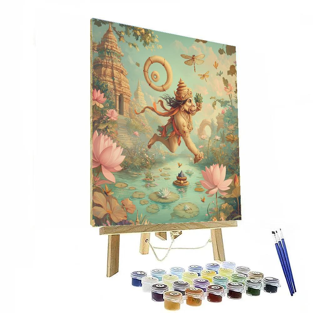 Garden Of Floating Lotuses With Hanuman In Flight painting number kit