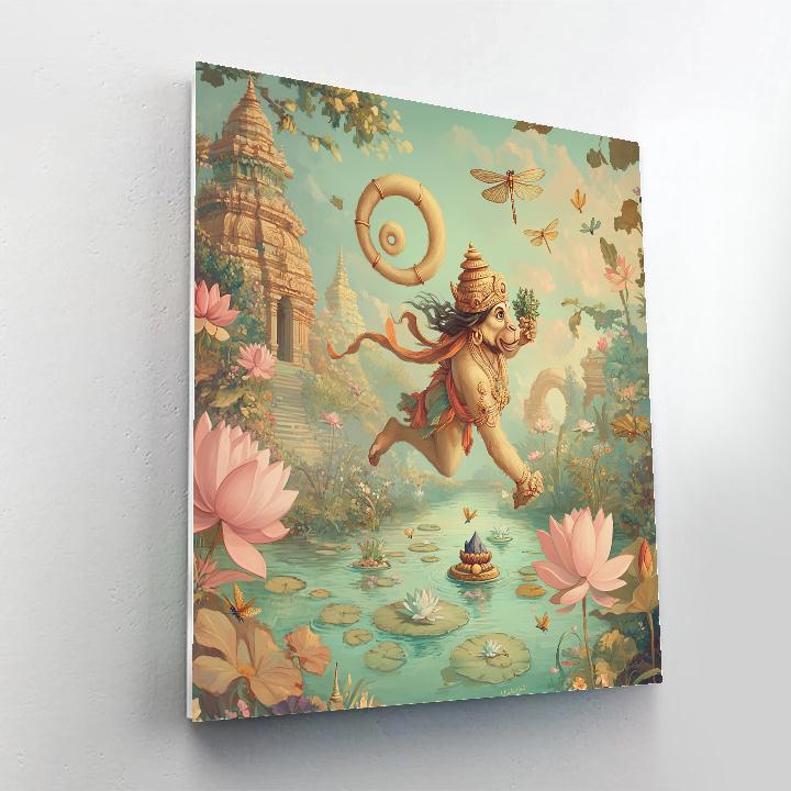 Garden Of Floating Lotuses With Hanuman In Flight painting number kit