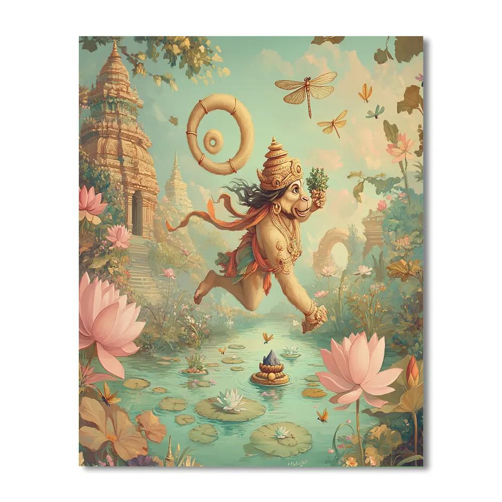 Garden Of Floating Lotuses With Hanuman In Flight painting number kit